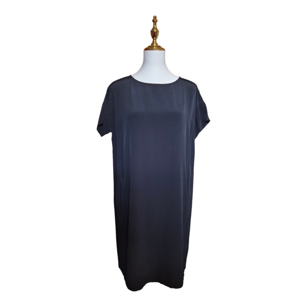 Eileen Fisher Black Cap Sleeve Shift Dress Size XXS Lyocell Viscose Crepe Midi